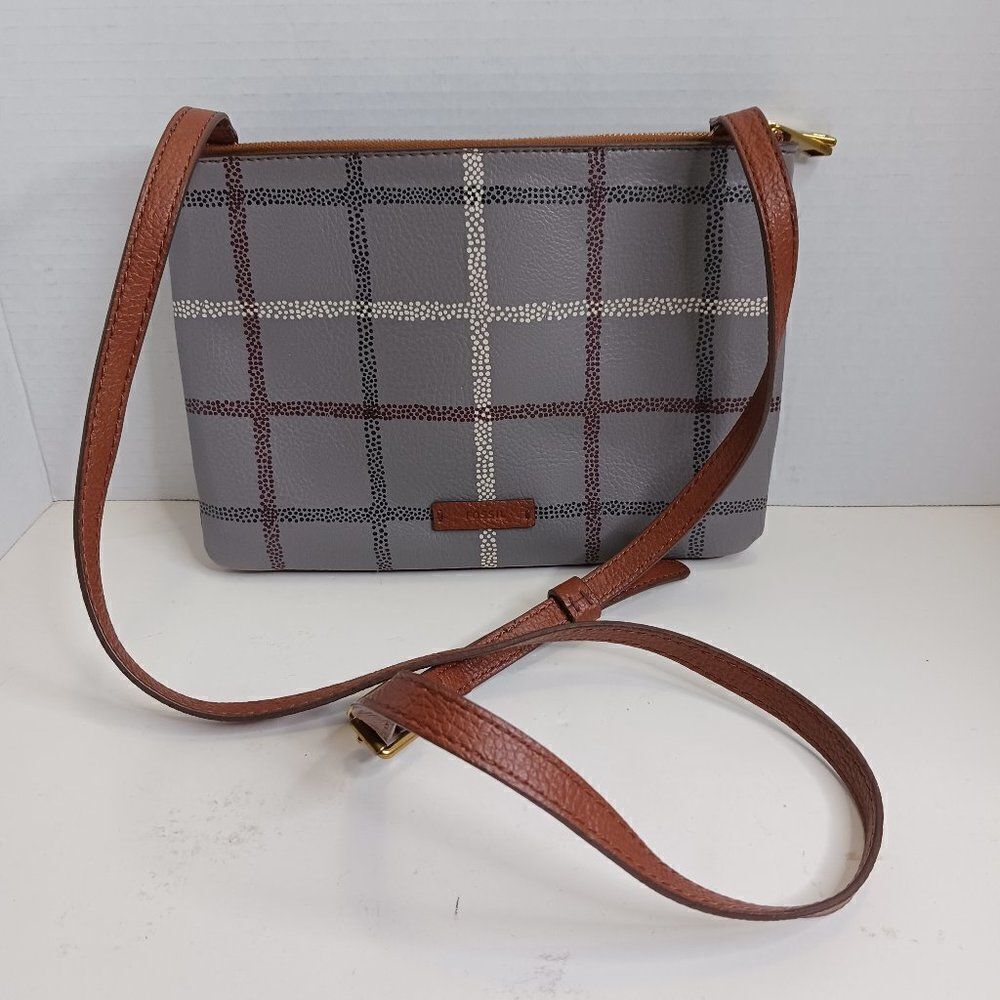 Fossil Devon Women's Medium Size Crossbody Bag Plaid Grey Brown